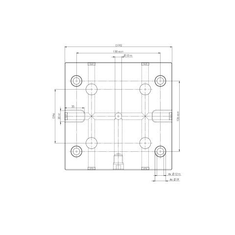 Technical drawing 45763: Quick•Point® 96 Placa de grade 192 x 192 x 27 mm com furos de montagem para distância de fenda de 63 mm