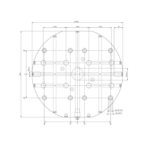 Diseño técnico 45964: Quick•Point® 96 Placa de rejilla 2 pliegues, redondo ø 384 x 27 mm con orificios de montaje para una distancia entre ranuras de 100 mm