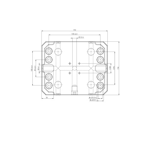 Technical drawing 45400: Quick•Point® 96 Placa única 192 x 156 x 27 mm com furos de 150 x 100 / 50 mm e borda de fixação