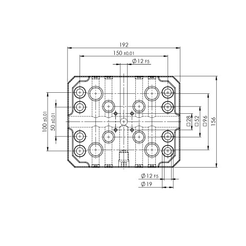 Technical drawing 45448: Quick•Point® 52/96 Placa de grade combinada 192 x 156 x 27 mm com furos de 150 x 100 / 50 mm e borda de fixação