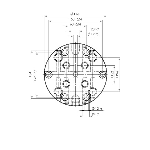 Diseño técnico 45480: Quick•Point® 52/96 Placa de rejilla combinada ø 176 x 27 mm con orificios de montaje para una distancia entre ranuras de 63 mm y una distancia de 150 mm