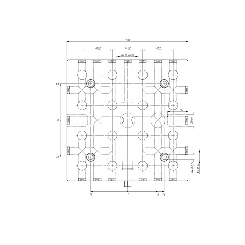 Technische Zeichnung 45641: Quick•Point® 52 Rasterplatte 4-fach 208 x 208 x 27 mm mit Bohrungen für 63 mm Nutenabstand