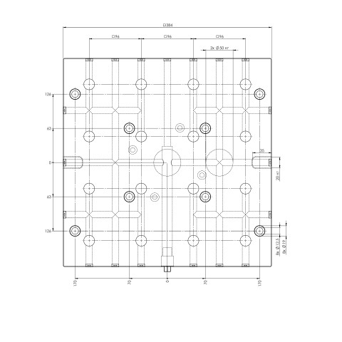 Technical drawing 45741: Quick•Point® 96 Placa de grade 4 vezes 384 x 384 x 27 mm com furos de montagem para distância de fenda de 63 mm