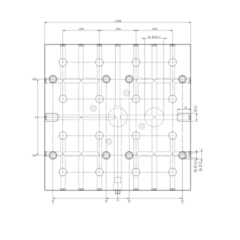Technical drawing 45742: Quick•Point® 96 Grid Plate 4-fold 384 x 384 x 27 mm with mounting bores for 100 mm slot distance