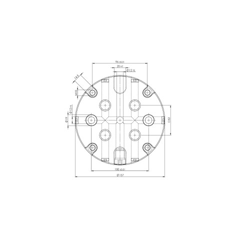 Technische Zeichnung 45900: Quick•Point® 52 Rundplatte ø 157 x 27 mm mit Bohrungen im Abstand von 100 mm
