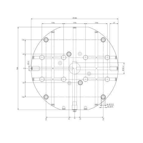 Technical drawing 45963: Quick•Point® 96 Grid Plate 2-fold, round ø 384 x 27 mm with mounting bores for 63 mm slot distance