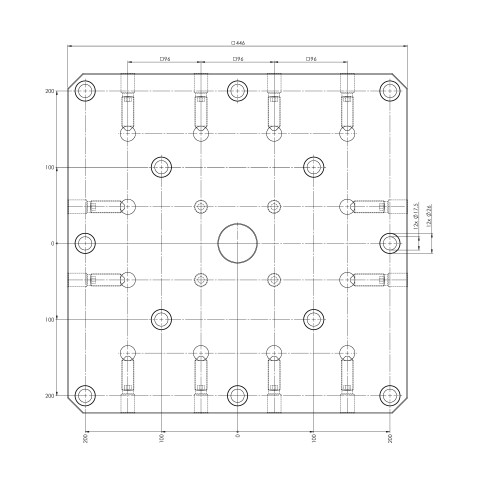 Technical drawing 70008: Quick•Point® Placa de base do Quick•Tower 446 x 446 x 27 mm, com furos de montagem