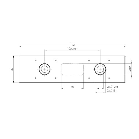 Disegno tecnico 73195: Quick•Point® Rail Barra di estensione 192 x 49 x 25 mm con fori di montaggio