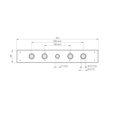 Technical drawing 73315: Quick•Point® Rail Barra de fixação 316 x 49 x 25 mm com furos de fixação