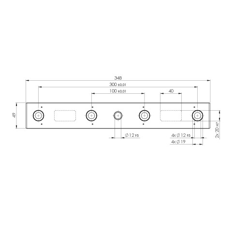 Technical drawing 73345: Quick•Point® Rail Barra de fixação 348 x 49 x 25 mm com furos de montagem