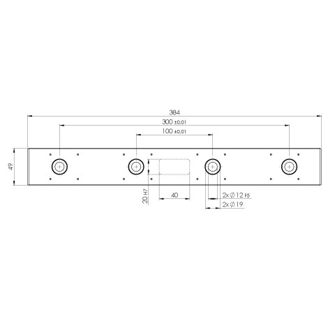 Technical drawing 73385: Quick•Point® Rail Extension bar 384 x 49 x 25 mm with mounting bores