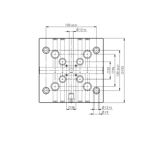 Technical drawing 75748: Quick•Point® 52/96 Placa de grade combinada 192 x 192 x 27 mm com furos de montagem para lápide Quick•Tower